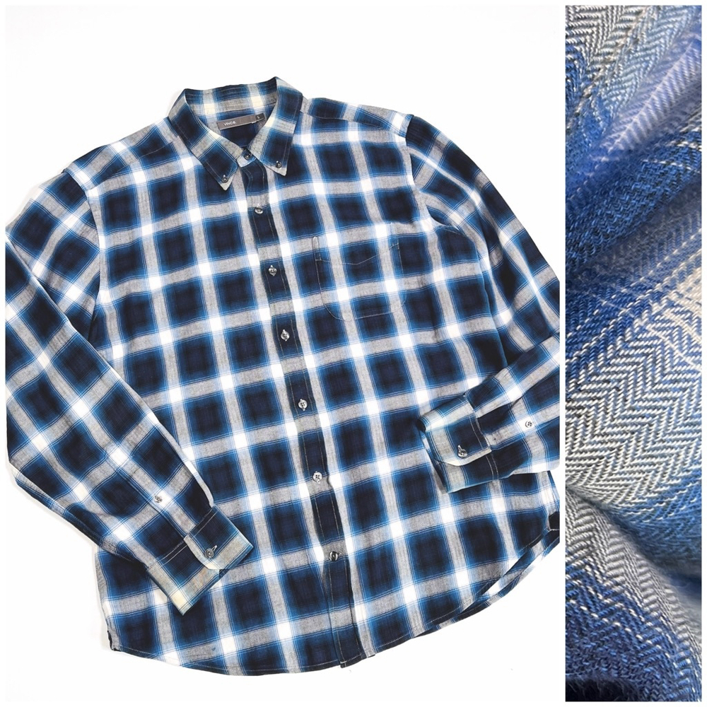 Vince Mens Shirt Long Sleeve Button Down Shirt Size L Blue White Grey Plaid